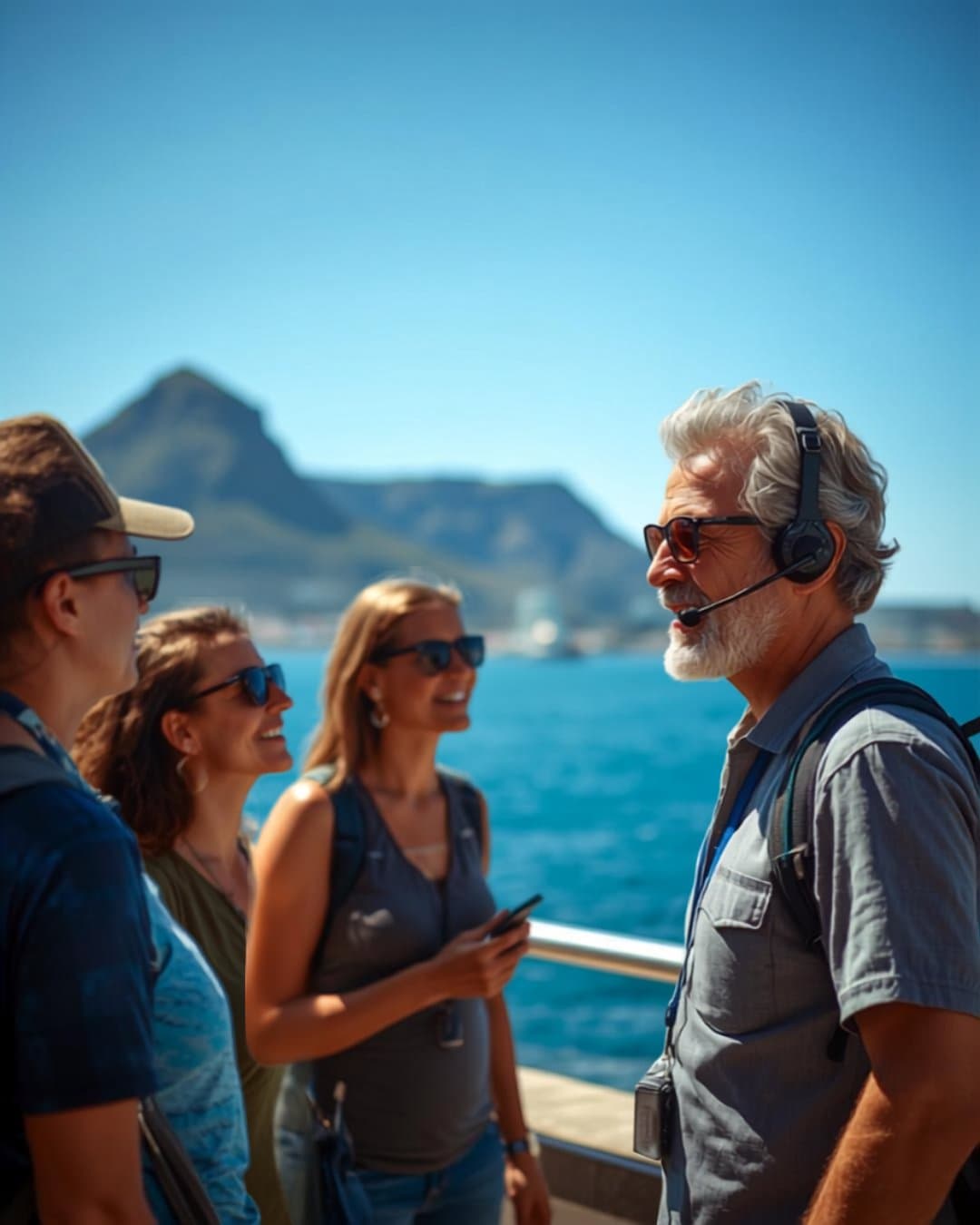 A guide with a headset microphone leading a tour group on the Cape Town waterfront, blue ocean and mountains behind